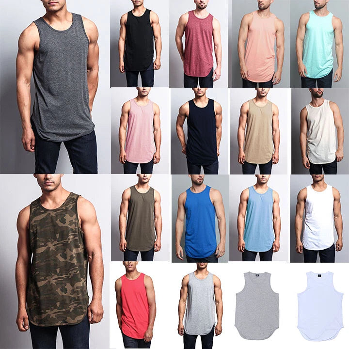Men's sleeveless curved-hem tank top in dark gray, basic crew neckline.