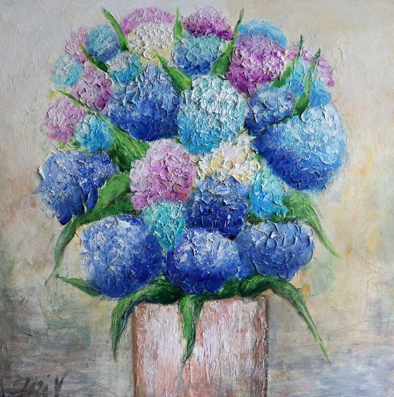 Hydrangea Flowers Blue Lavender White Bouquet in Ceramic Vase, Original Oil art Hydrangea