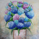 Hydrangea Flowers Blue Lavender White Bouquet in Ceramic Vase, Original Oil art Hydrangea