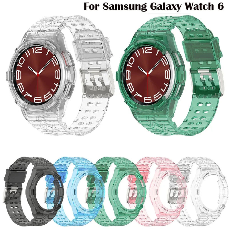 TPU watch strap set: black, blue, green, pink, and clear bands with clasp for Galaxy Watch.