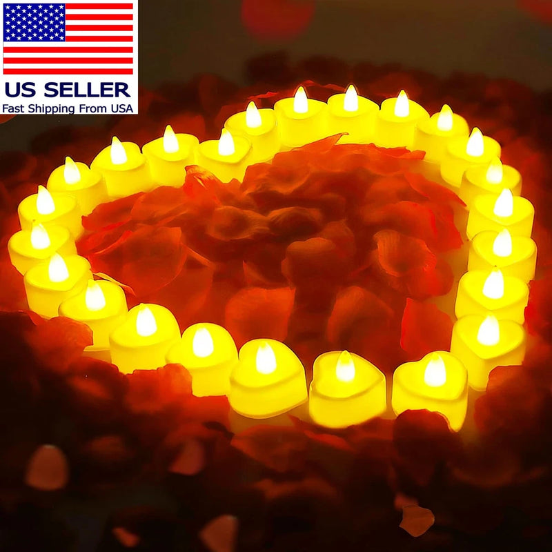 LED heart-shaped candles with rose petals, glowing yellow lights
