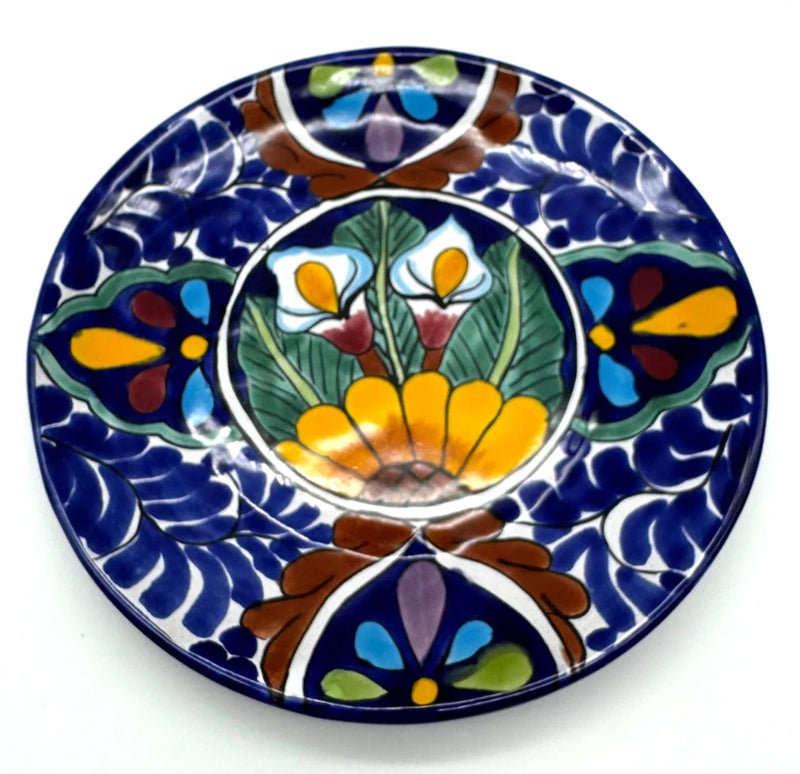 Mexican Pottery Plate Calla Lillies Sunflower Blue Folk Art Hand Painted 7.5" Sunflower