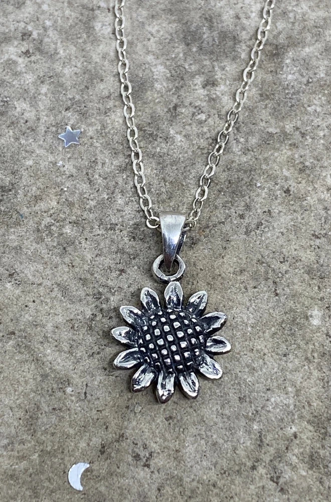 Oxidized sunflower pendant necklace with silver chain and round lobster clasp