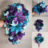Purple Teal Rose Tiger Lily Bridal Wedding Bouquet Accessories Bouquet