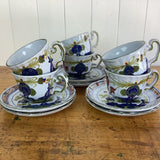 6 Made in Italy Ceramic Teacups and Saucers Carnation Blue Green Orange Shades Carnation