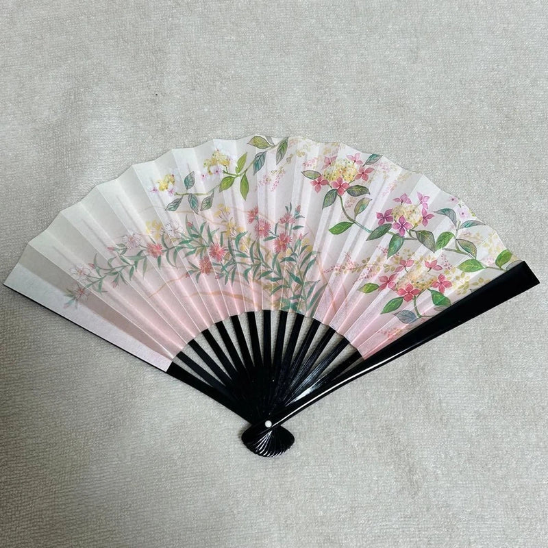 Pink and white hydrangea and floral fan with bag, used, 18cm Hydrangea