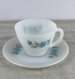 Fire King Oven Ware Vintage BONNIE BLUE CARNATION CORN FLOWER Tea Cup & Saucer Carnation
