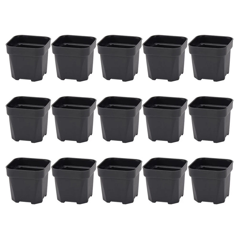 Set of 15 small black plastic nursery planters, square pots with wide rims