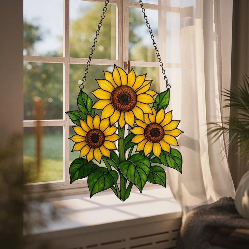 Acrylic sunflower suncatcher with three yellow flowers and dark centers on hanging chains