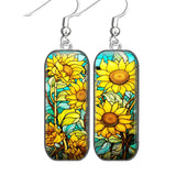 Faux Stained Glass Art Sunflowers Radiating Positivity Floral Dangle Earrings Sunflower