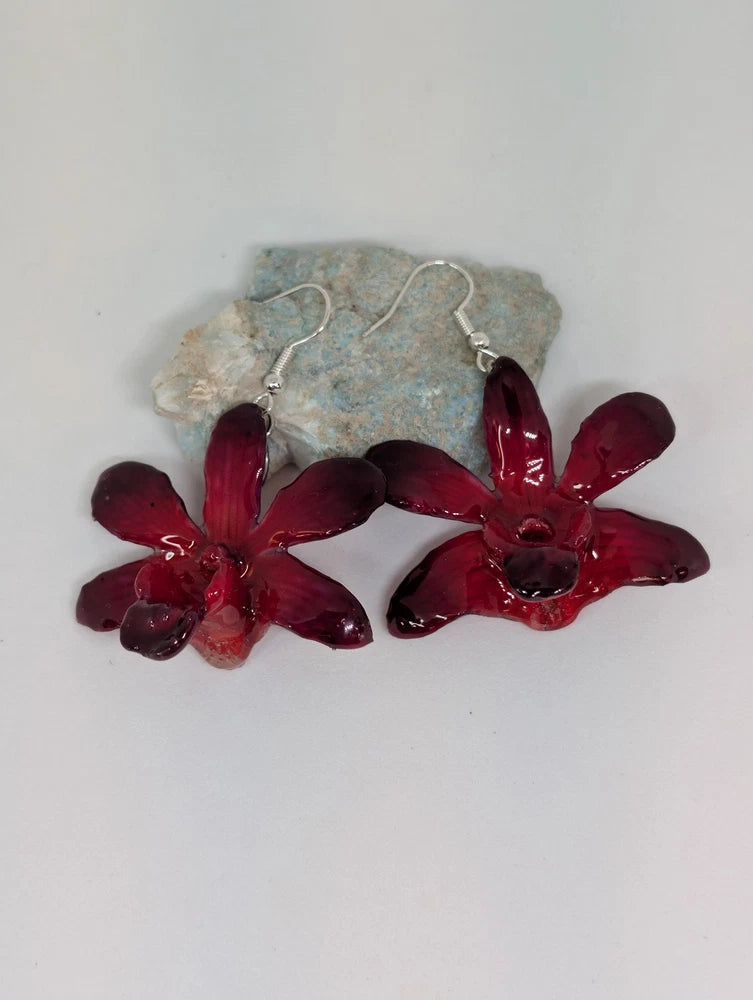 Mini Dendrobium Red, Real Orchid in Resin Earrings Orchids