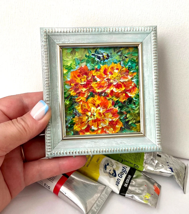 Original Oil Painting Marigolds Bumblebee Impasto Mini Art 3x2.5 in Signed Carnation