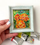 Original Oil Painting Marigolds Bumblebee Impasto Mini Art 3x2.5 in Signed Carnation