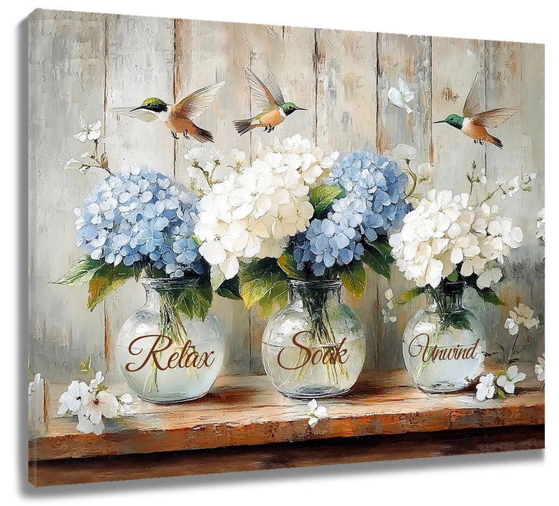 Blue Hydrangea Hummingbird Canvas Wall Art for Bathroom Living Room 10X8 Inch Hydrangea