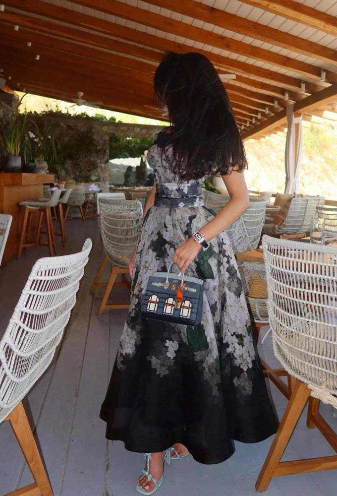 ZIMMERMANN Balance Picnic Midi Dress In Black Hydrangeas Size AU2 Hydrangea