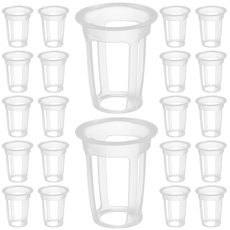 Set of small white plastic hydroponic net pots, cylindrical with lattice sides and rim