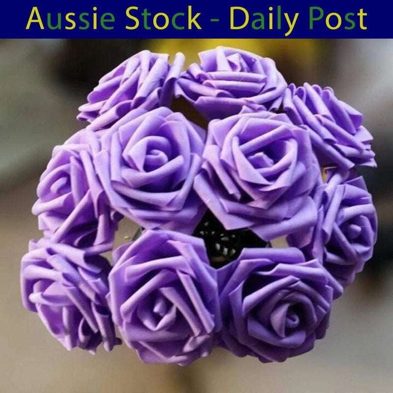 Purple artificial foam rose flower heads, clustered bouquet stems