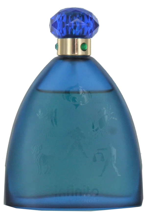 Blue glass EDP spray perfume bottle with faceted cap and green accent ring