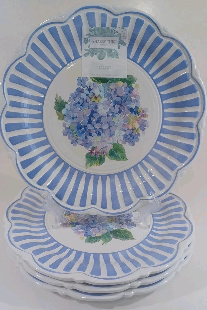 4 Shabby Chic Thick Melamine 11.25" Dinner Plate Set Scalloped Striped Hydrangea Hydrangea