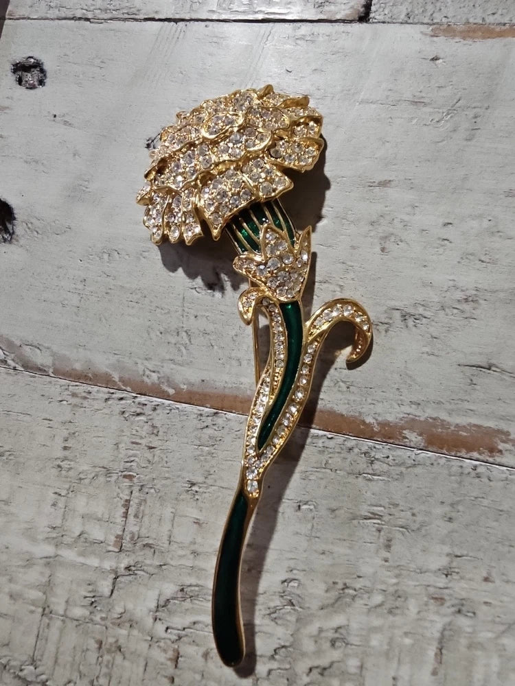 Nolan Miller Brooch Carnation Green Enamel Clear Rhinestone Gold Tone 4Ó  #4294 Carnation