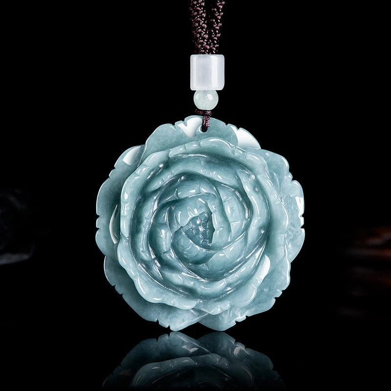 Real Grade A Natural Blue Jade Jadeite Women Flower Peony Pendant Necklace Peony