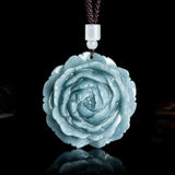 Real Grade A Natural Blue Jade Jadeite Women Flower Peony Pendant Necklace Peony