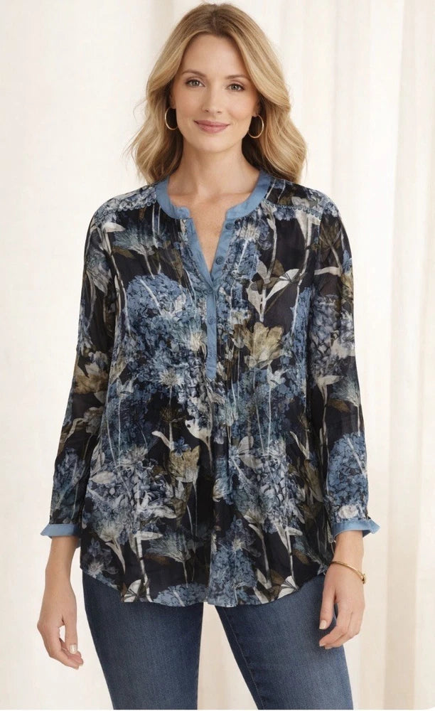 Soft Surroundings Silk Hydrangea Top Blouse Blue Floral, Fall Size M Hydrangea