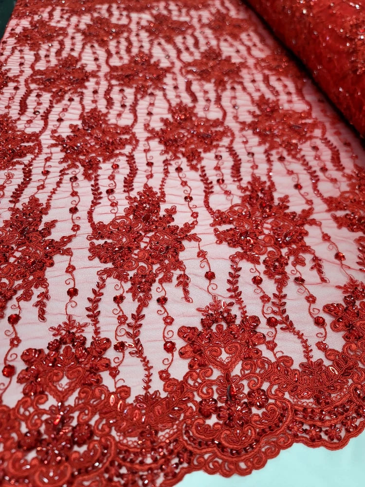 Flower Cluster Beads Lace Fabric Red Floral Embroidered Sequins Fabric By Yard Flowering Plants