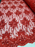 Flower Cluster Beads Lace Fabric Red Floral Embroidered Sequins Fabric By Yard Flowering Plants