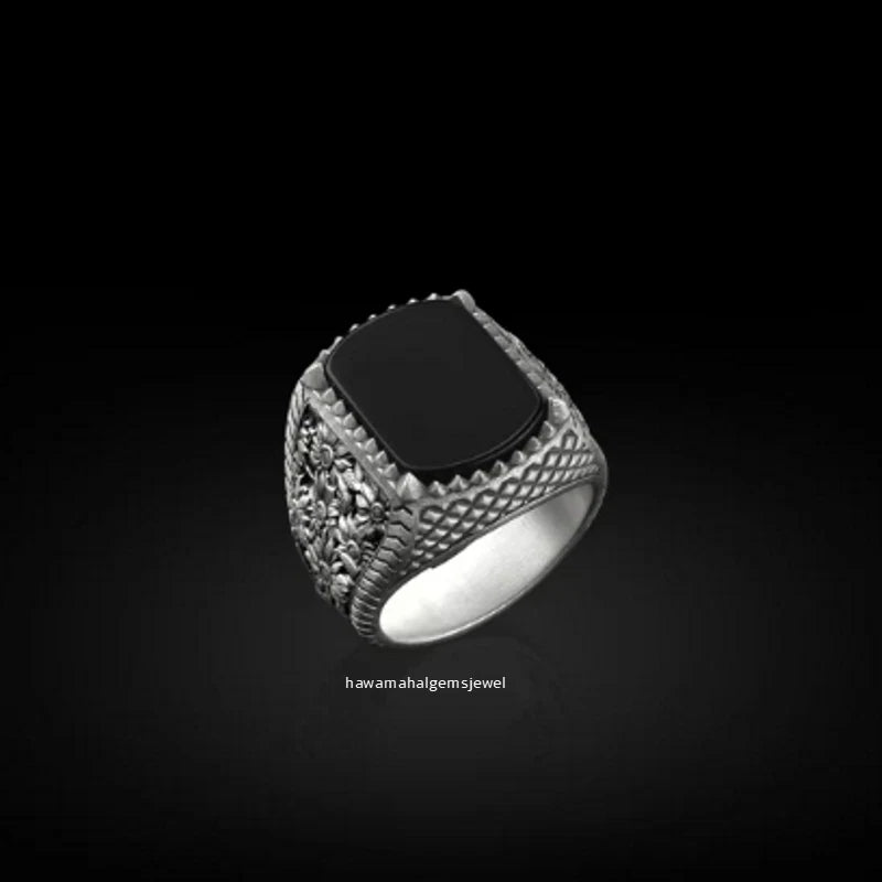 925 Sterling Silver Gemstone Black Onyx Bouquet of Sunflowers Flower Men's Ring Sunflower