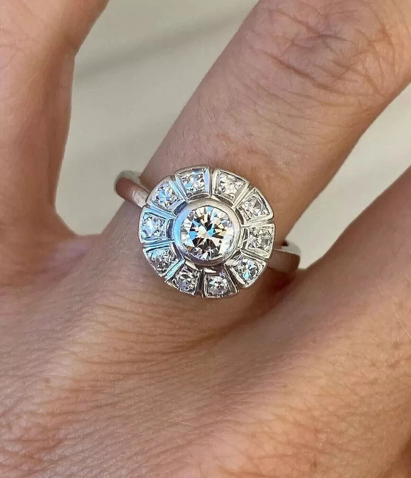 925 silver art deco sunflower halo engagement ring with round center gemstone