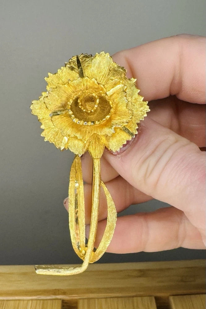 Vintage BSK Gold Tone Carnation Flower Brooch Pin Costume Jewelry Carnation