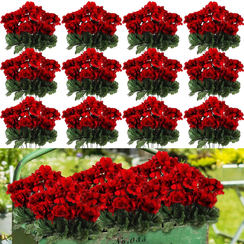 Artificial geranium plant bundles, red flowers with green leaves, faux silk, 17 in height