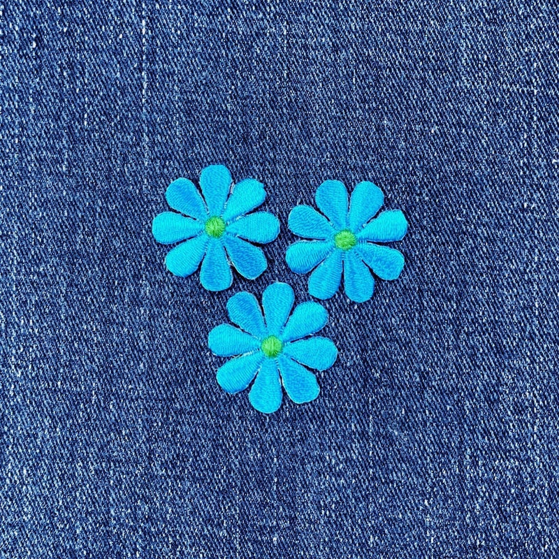 3-Pack Blue Daisy Applique Patch - Mini Embroidered Flower Badge 1" (Iron On) Daisies
