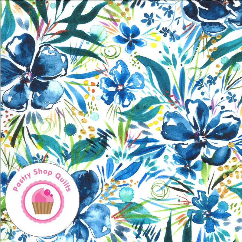 Moda MOODY BLOOM 8442 11D Blue Floral CREATE JOY PROJECT Watercolor Quilt Fabric Flowering Plants