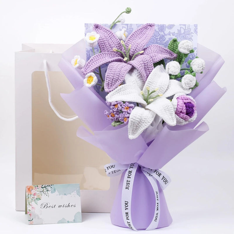 Handmade crochet flower bouquet with purple and white blooms, wrapped in lavender ribbon