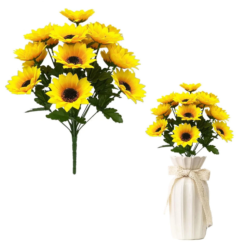 Artificial yellow sunflower bouquet with green leaves in white vase, beige ribbon tie