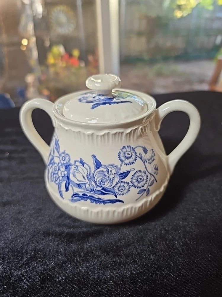 Wedgwood Ranunculus Sugar Bowl With Handles & Lid  Cobalt Blue Flowers England Ranunculus