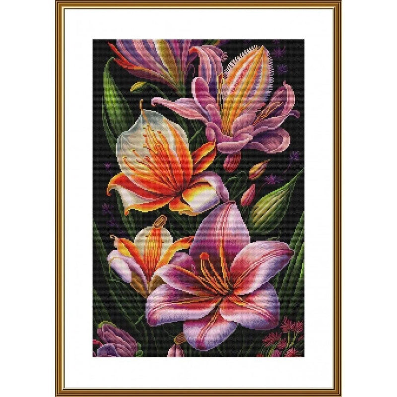 Framed counted cross stitch wall art with colorful lily flower design