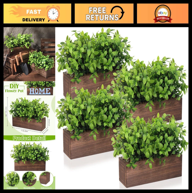 4 Pack Faux Eucalyptus Plants in Rustic Wooden Planter Box - Greenery Decor for Green Plant