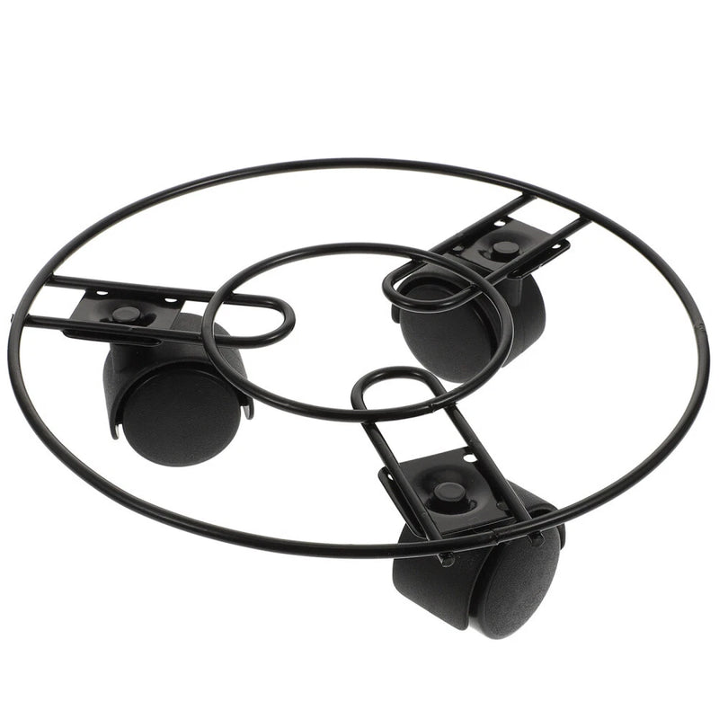 Movable plant pot base with black metal ring and swivel caster wheels