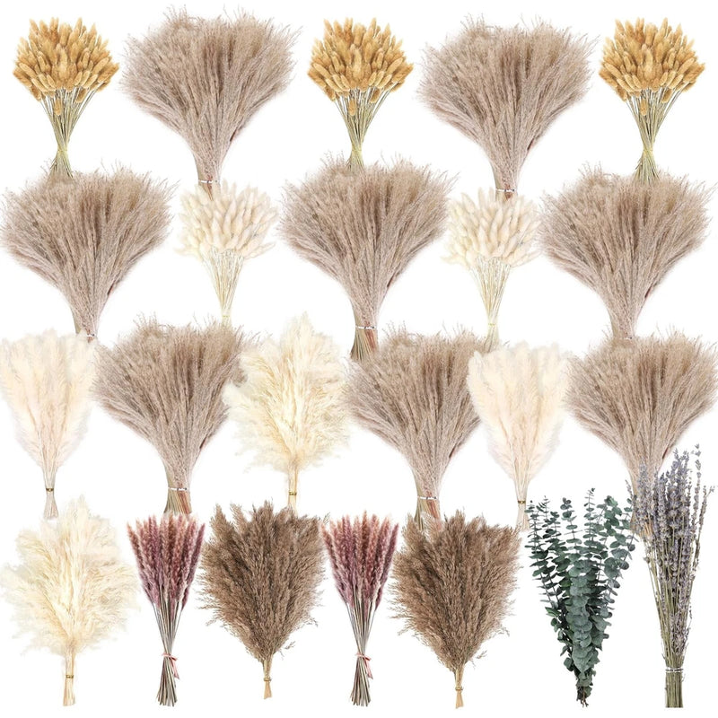 710Pcs Natural Dried Pampas Grass Decor, 9 Types 17 inch, Plant Color Pampas Grass