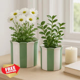 Ceramic Planter Pots Green White Striped Scallop Set of 2 Garden Decor Garden Plants