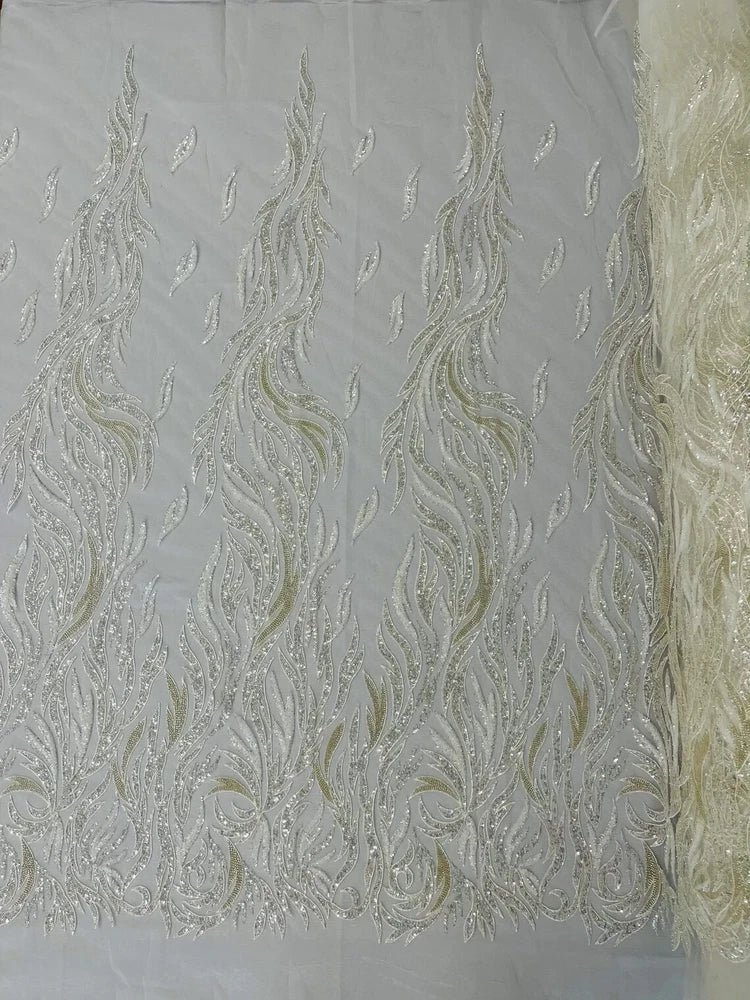 Flame Design Bead Fabric - Ivory - Beaded Embroidered Fire Design Sold By Yard Flowering Plants