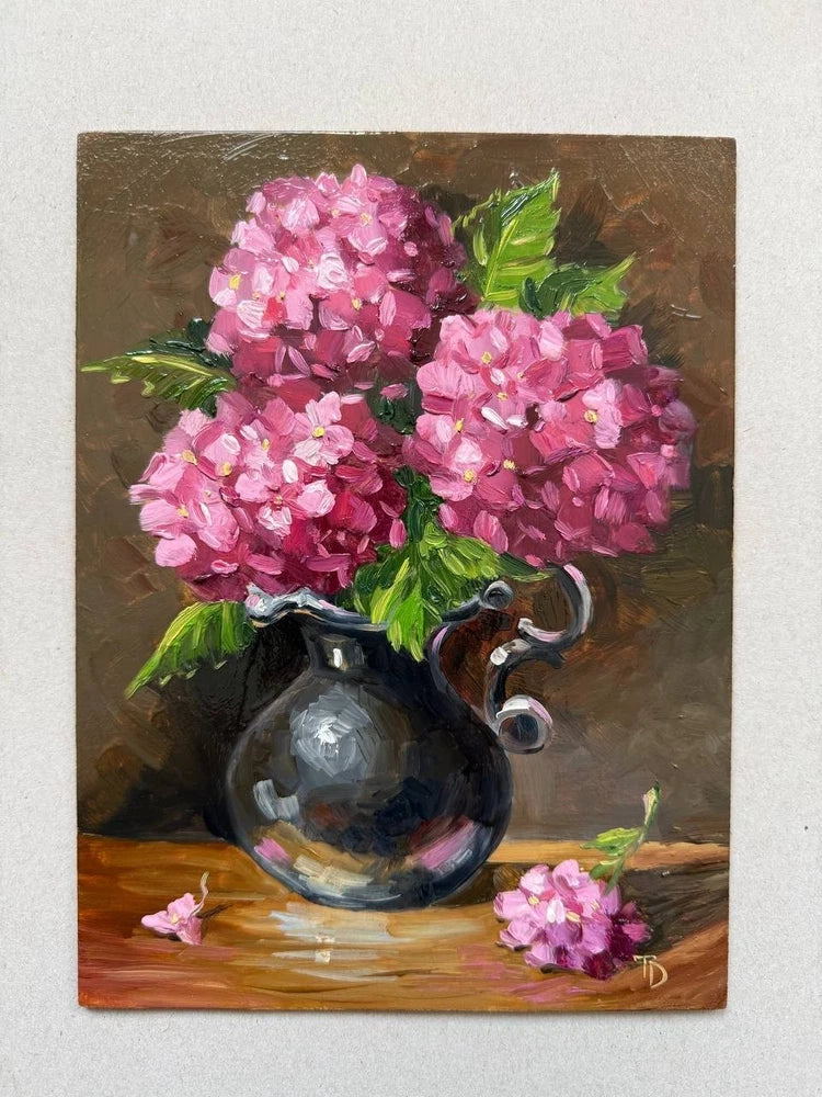 Original Oil Painting Pink Hydrangeas in a Vase 6x8 Hand Painted on Fiberboard Hydrangea