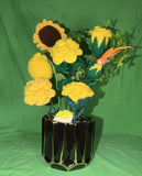 HANDMADE Yarn Crochet Sunflower Arrangement in Black & Gold Ceramic Vase Sunflower