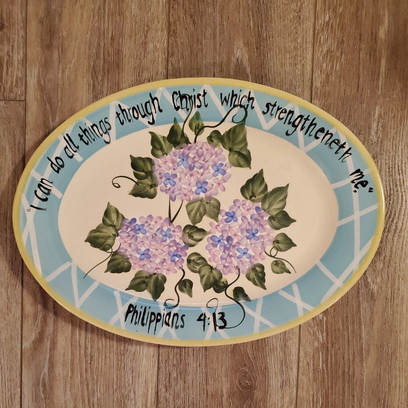 Vintage Jay Import Co Hydrangea with Bible Verse 17.5x 12.5" FlowersOvalPlatter Hydrangea