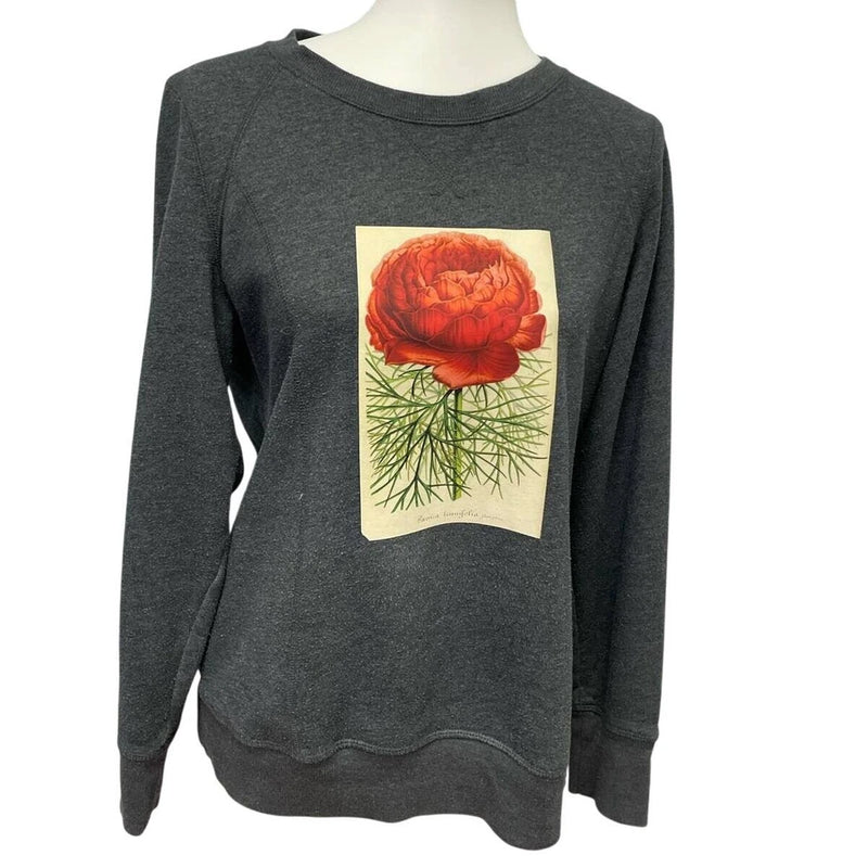 Hand Printed Upcycled Large Red Peony Flower Long Sleeve Crew Neck Sweatshirt Peony