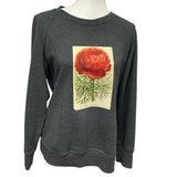 Hand Printed Upcycled Large Red Peony Flower Long Sleeve Crew Neck Sweatshirt Peony