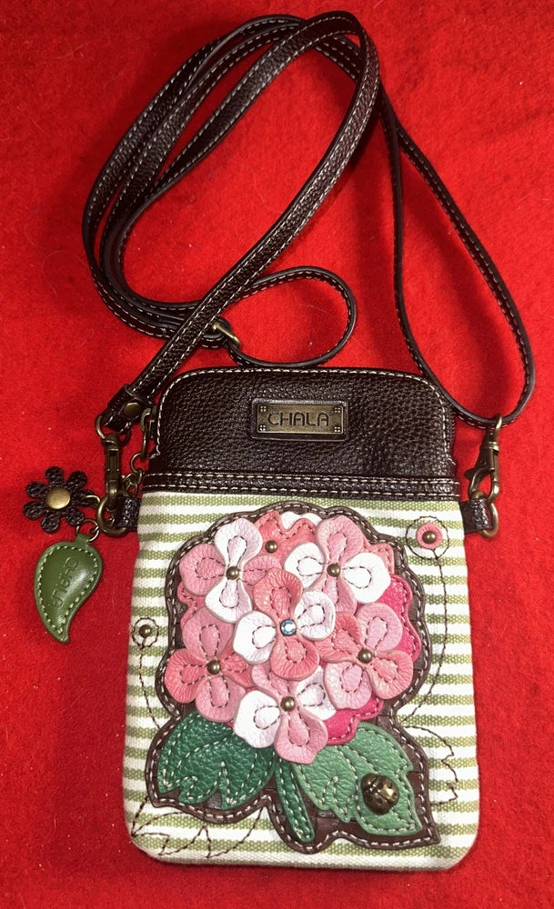 CHALA PINK HYDRANGEA FLOWER GREEN STRIPE CELL PHONE CROSSBODY PURSE ADJ STRP Hydrangea